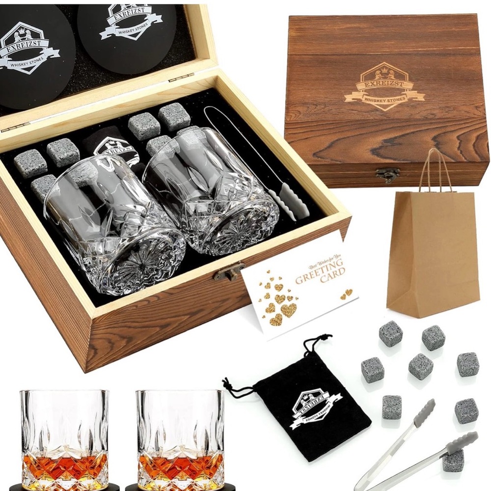 Whiskey Glass Set with Stones in Wooden Box